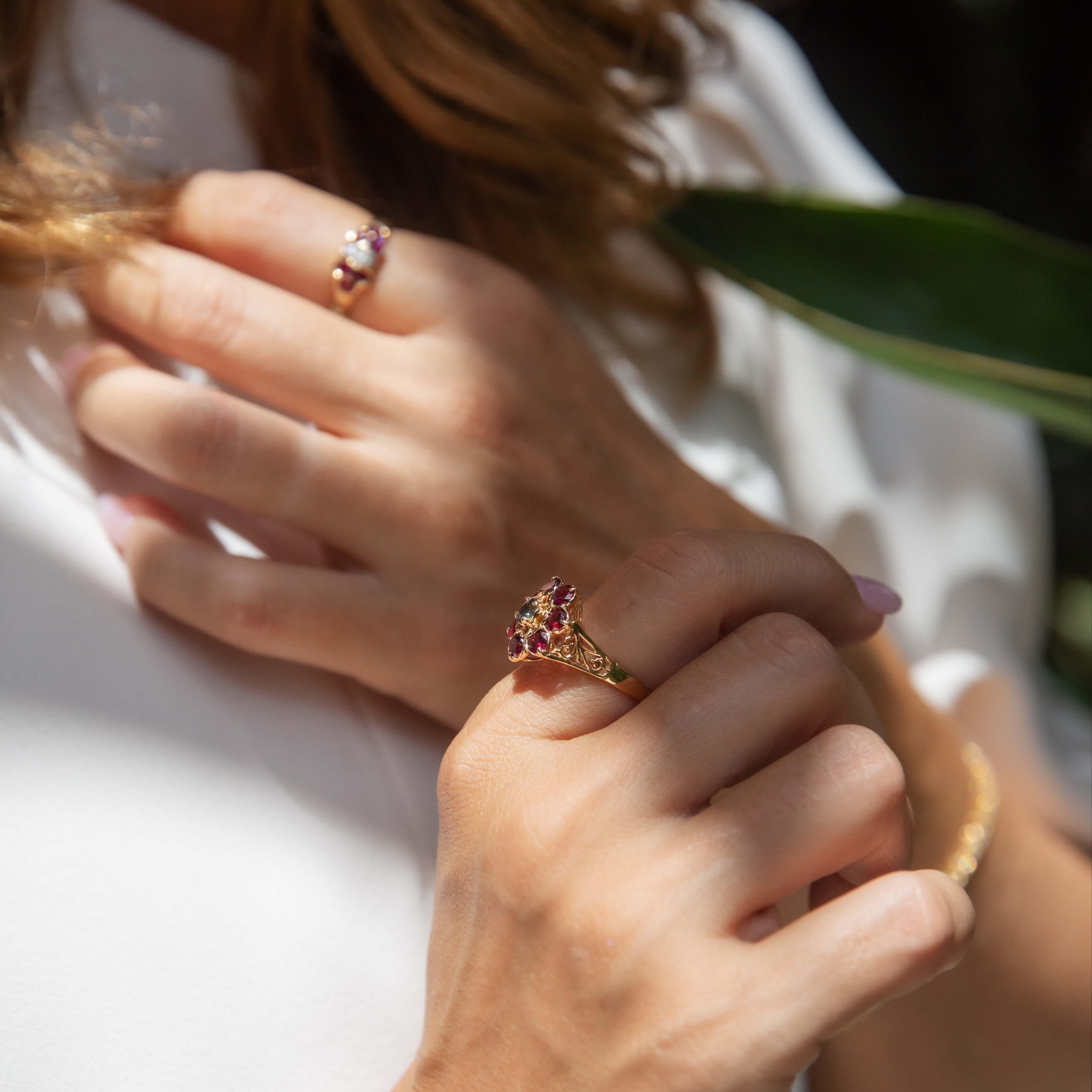 Contemporary Diamond & Twin Ruby Flower Cluster Ring 14 Carat Yellow Gold In Good Condition In Hamilton, AU