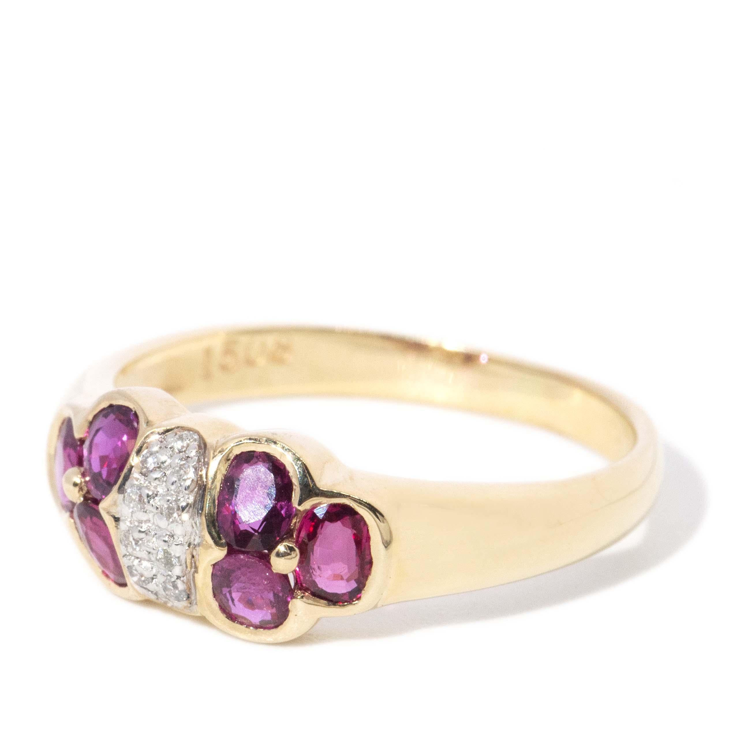 Women's Contemporary Diamond & Twin Ruby Flower Cluster Ring 14 Carat Yellow Gold