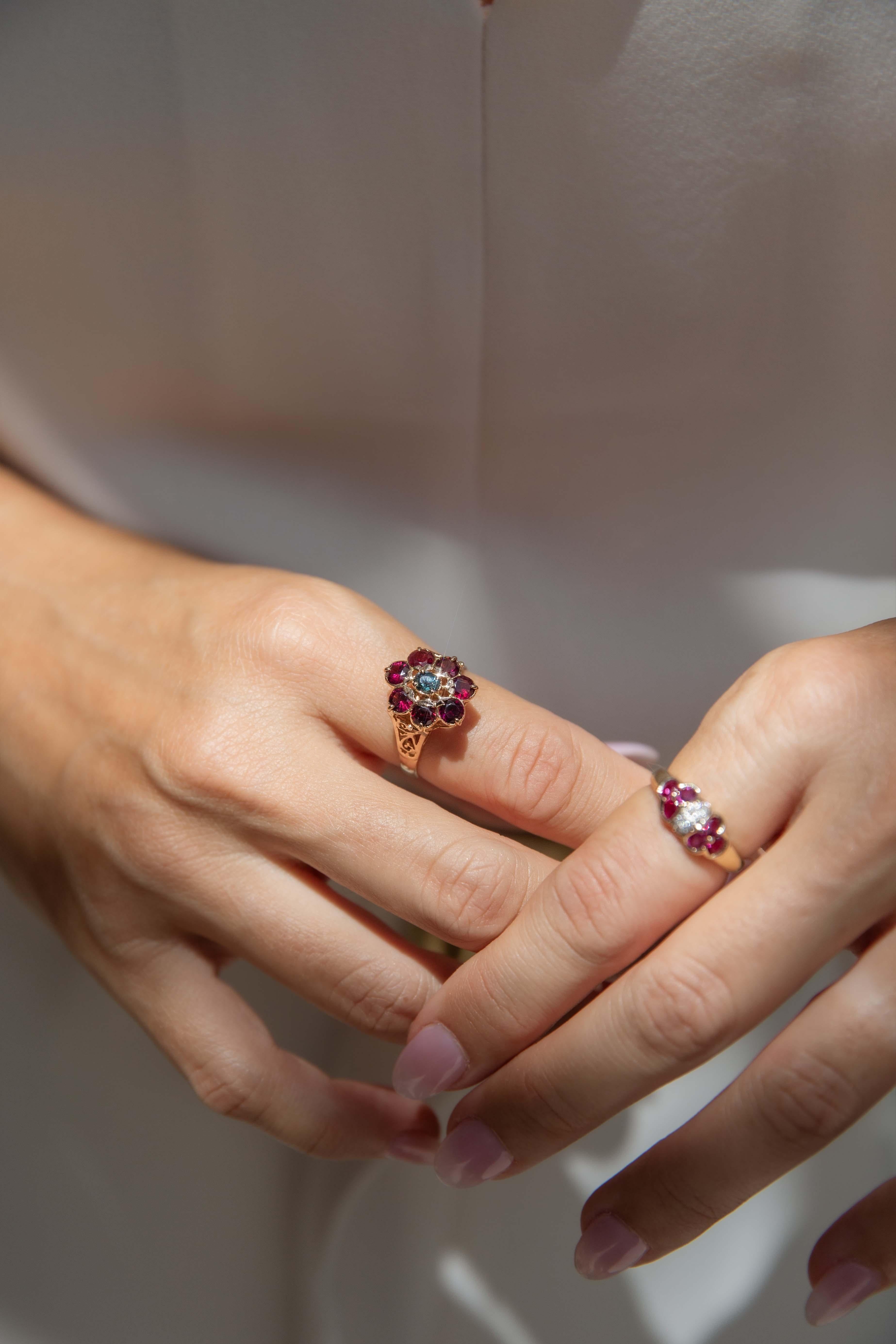 Contemporary Diamond & Twin Ruby Flower Cluster Ring 14 Carat Yellow Gold 1