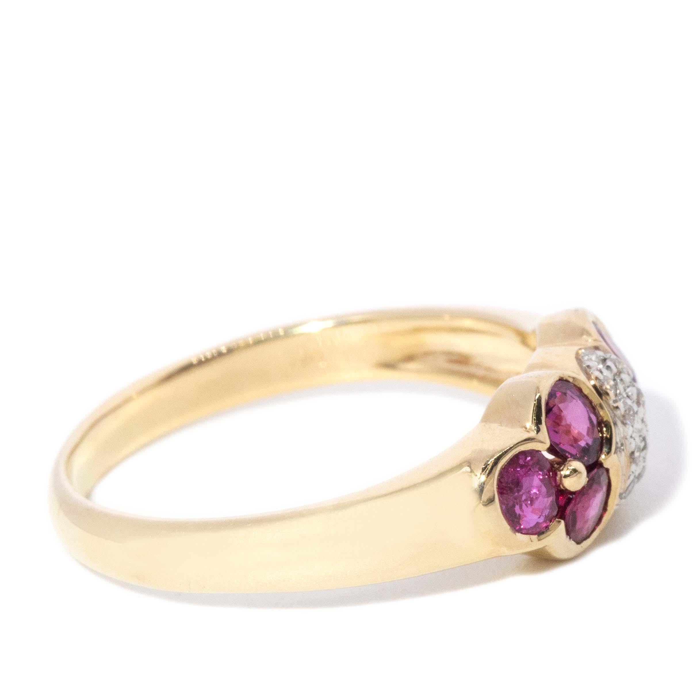 Contemporary Diamond & Twin Ruby Flower Cluster Ring 14 Carat Yellow Gold 2