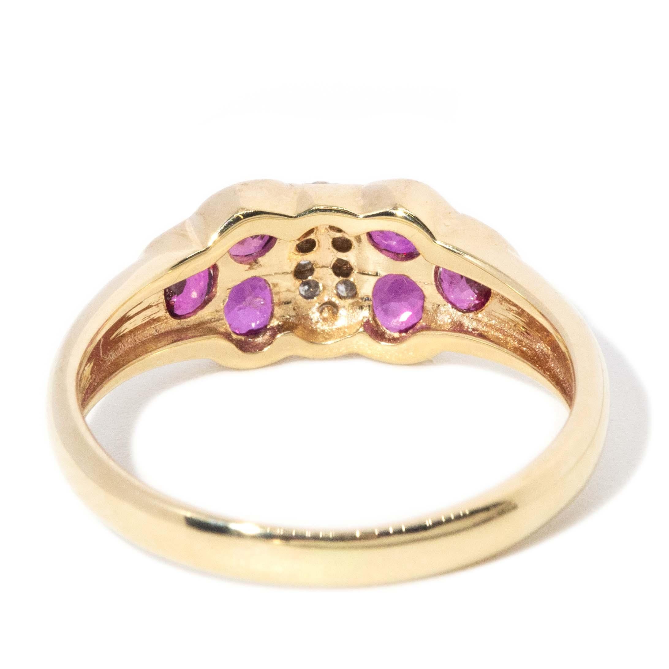 Contemporary Diamond & Twin Ruby Flower Cluster Ring 14 Carat Yellow Gold 4