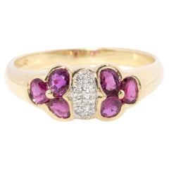 Contemporary Diamond & Twin Ruby Flower Cluster Ring 14 Carat Yellow Gold