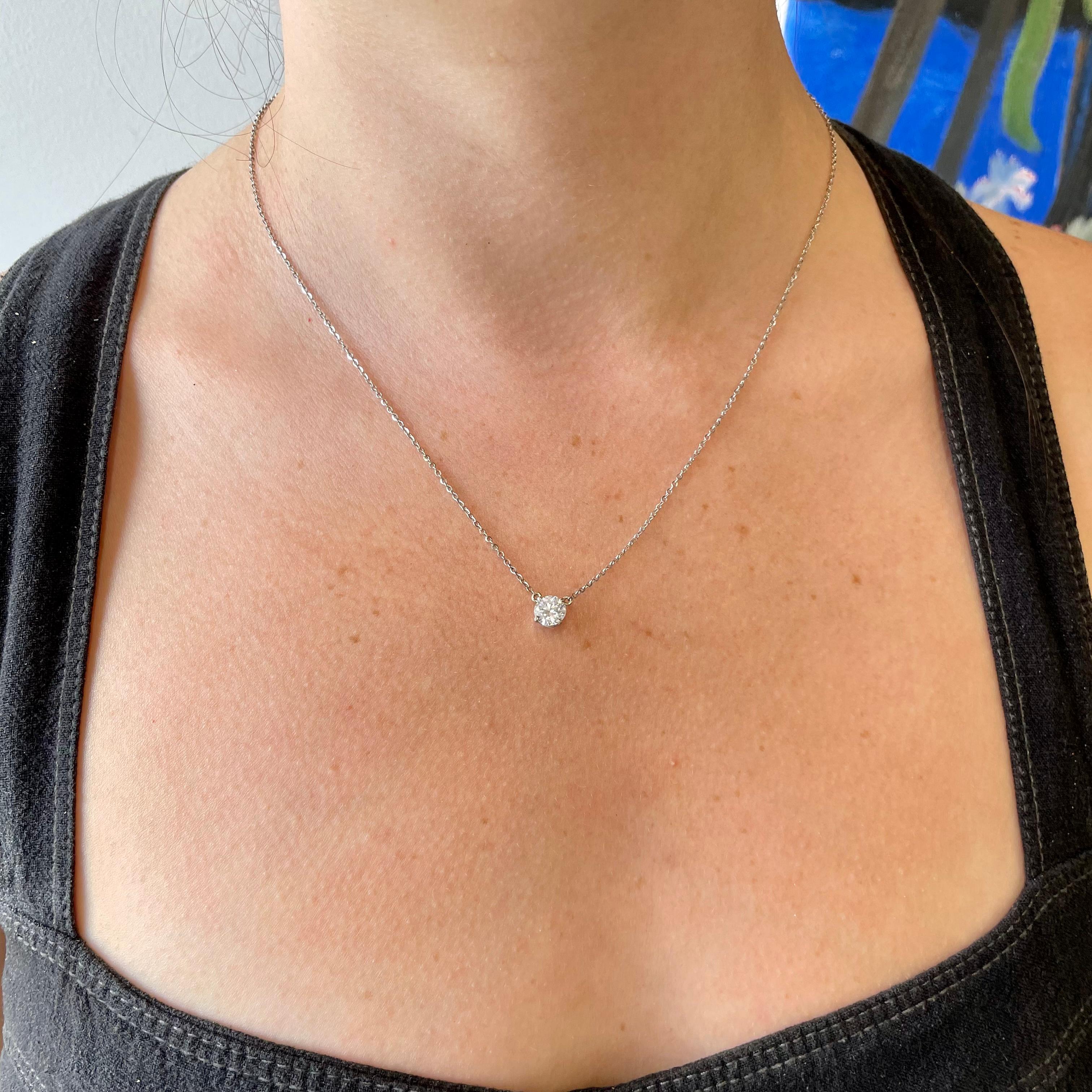 Contemporary Diamond White Gold Solitaire Pendant. The diamond is EGL certified Round Brilliant Cut 0.85 carat, D color, SI1 clarity (#908200001D). 14k white gold. Circa 2010's. 16-18 inches (has an extender).

About The Piece: A timeless classic,