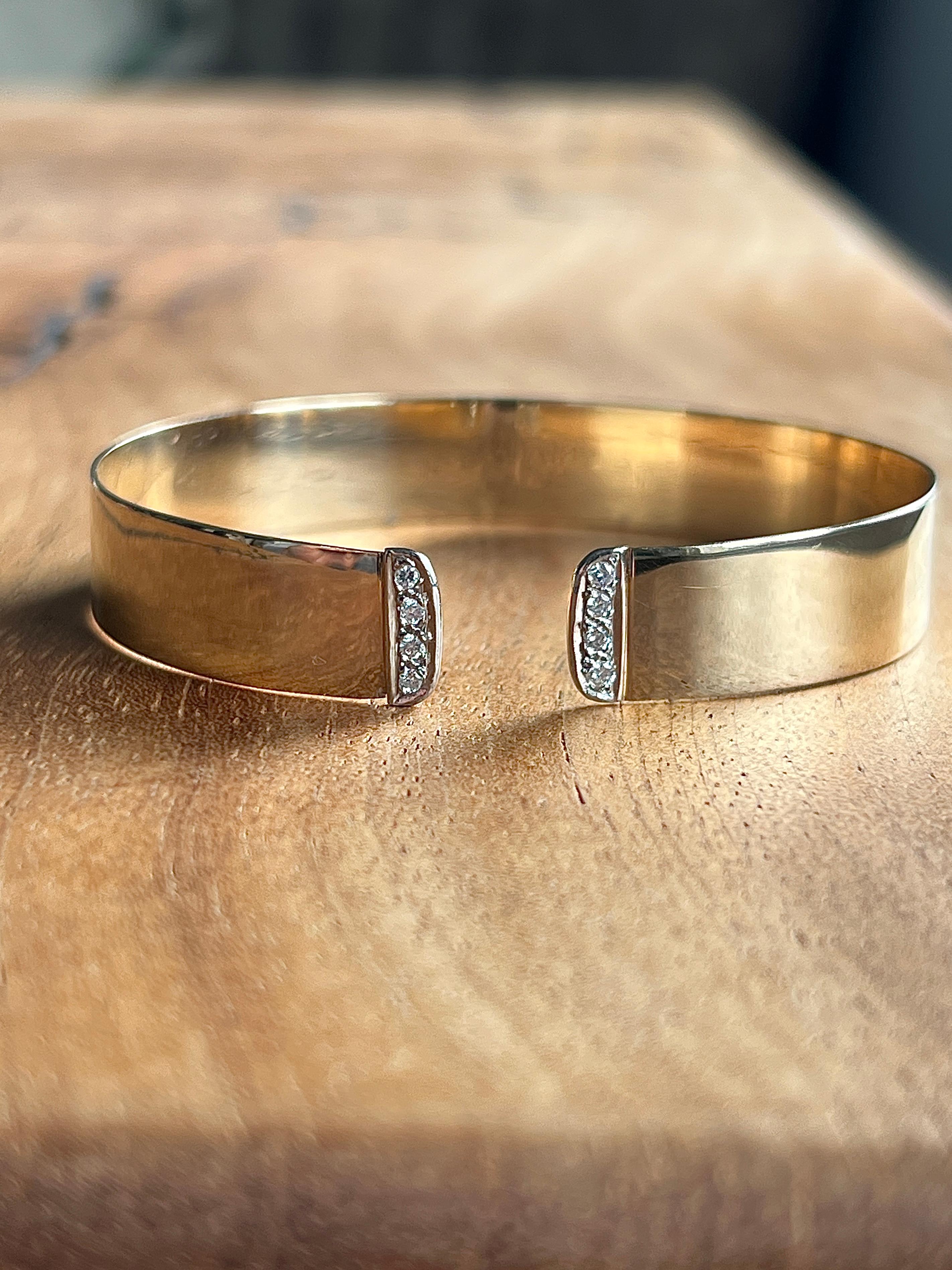 Round Cut Contemporary Diamond Yellow and White Gold Cuff Bracelet For Sale