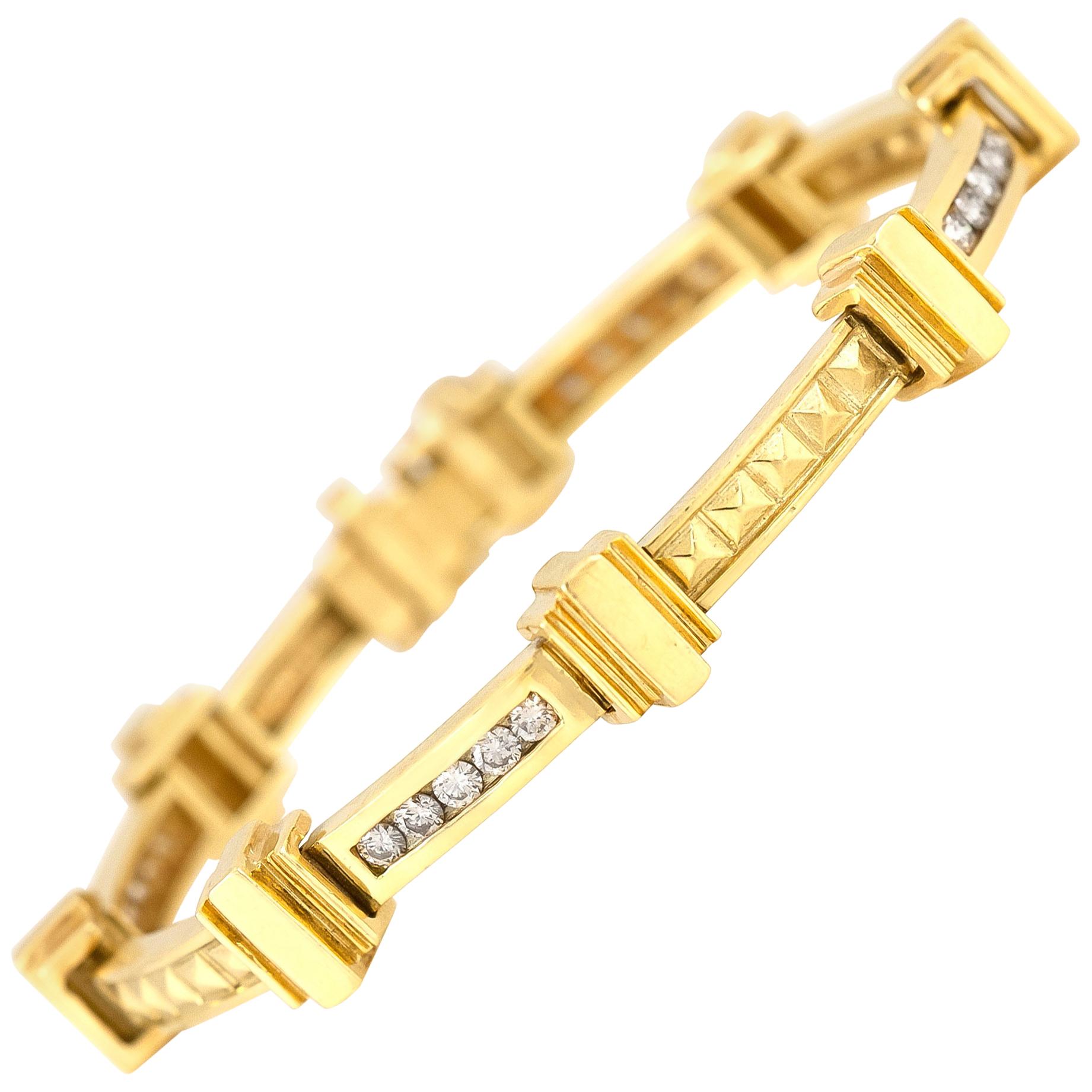 Vintage 1980s Gold Roman Columns Bracelet with Diamonds