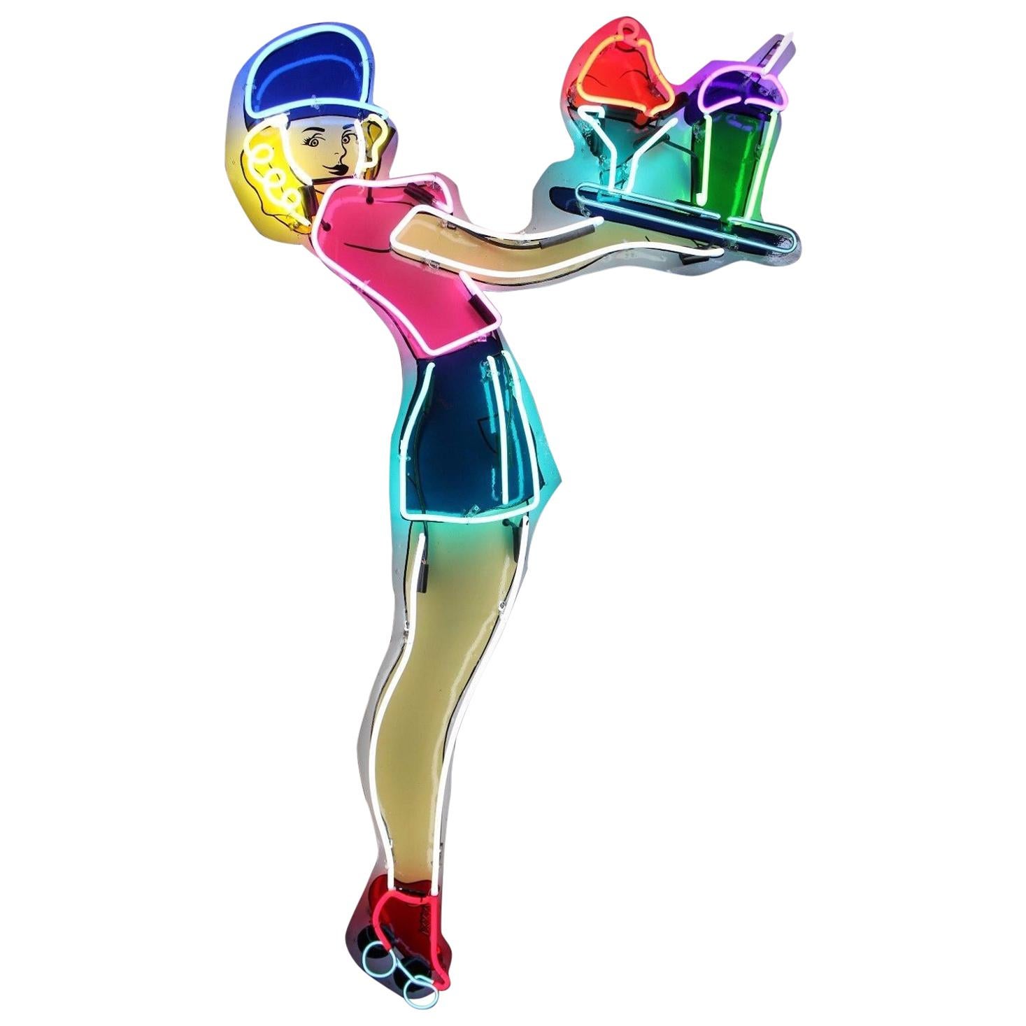 Contemporary Diner Waitress on Skates Advertising Neon Sign For Sale