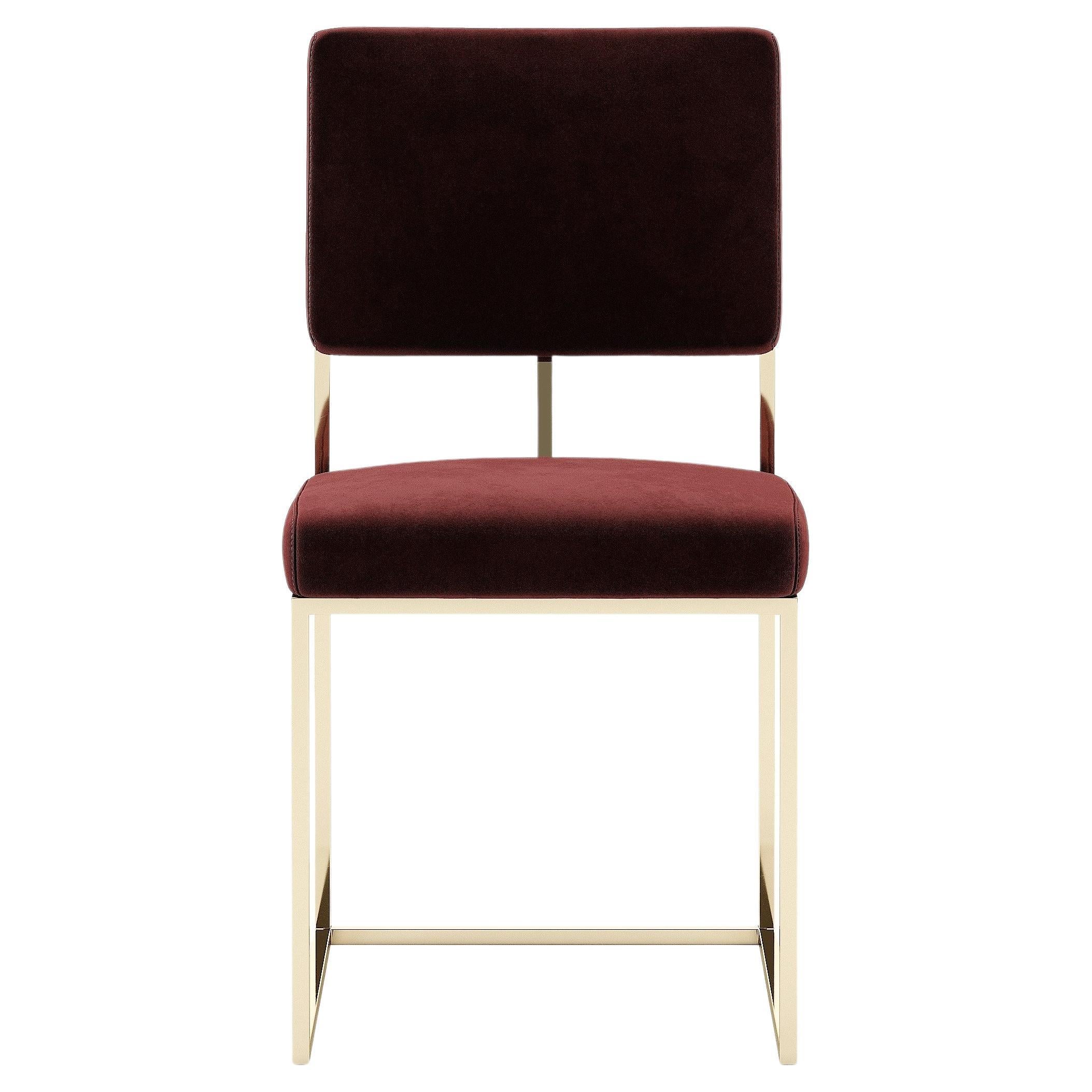 Contemporary Minimalist style dining chair featuring sleek metal legs in a satin brass tone.
Seat and back upholstered in deep Bordeaux cotton velvet.
Materials: Stainless steel, velvet.
Finishes: Satin brass, Bordeaux.
Handcrafted in