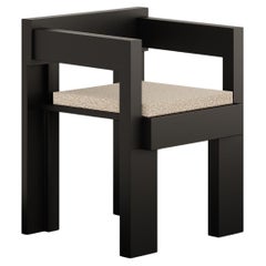 Brutalist Modern Dining Chair in Black Matte Lacquer Upholstery in White Bouclé