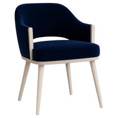 Contemporary Dining Chair In Navy Blue Velvet + Whitewashed Ash