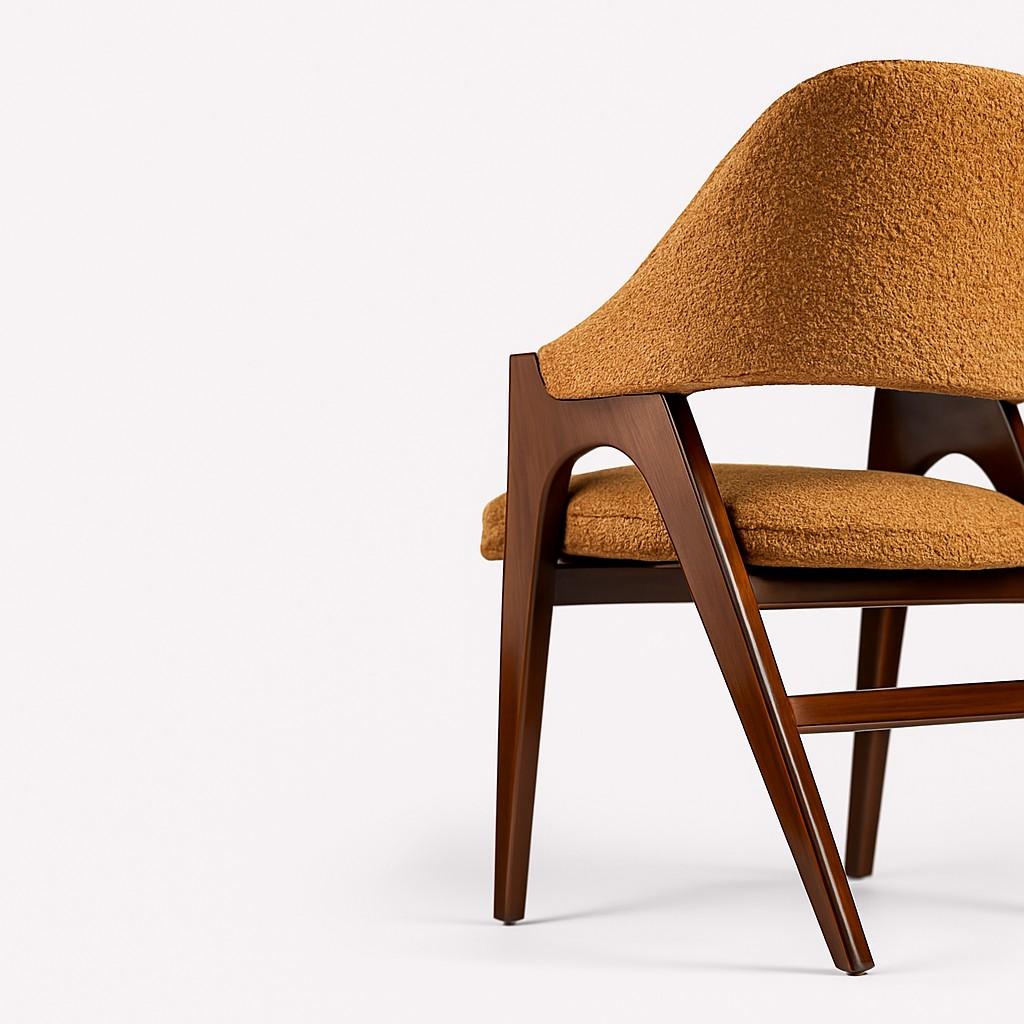 Moderno Sedia da pranzo contemporanea imbottita con struttura in bouclé di lana in finitura noce in vendita
