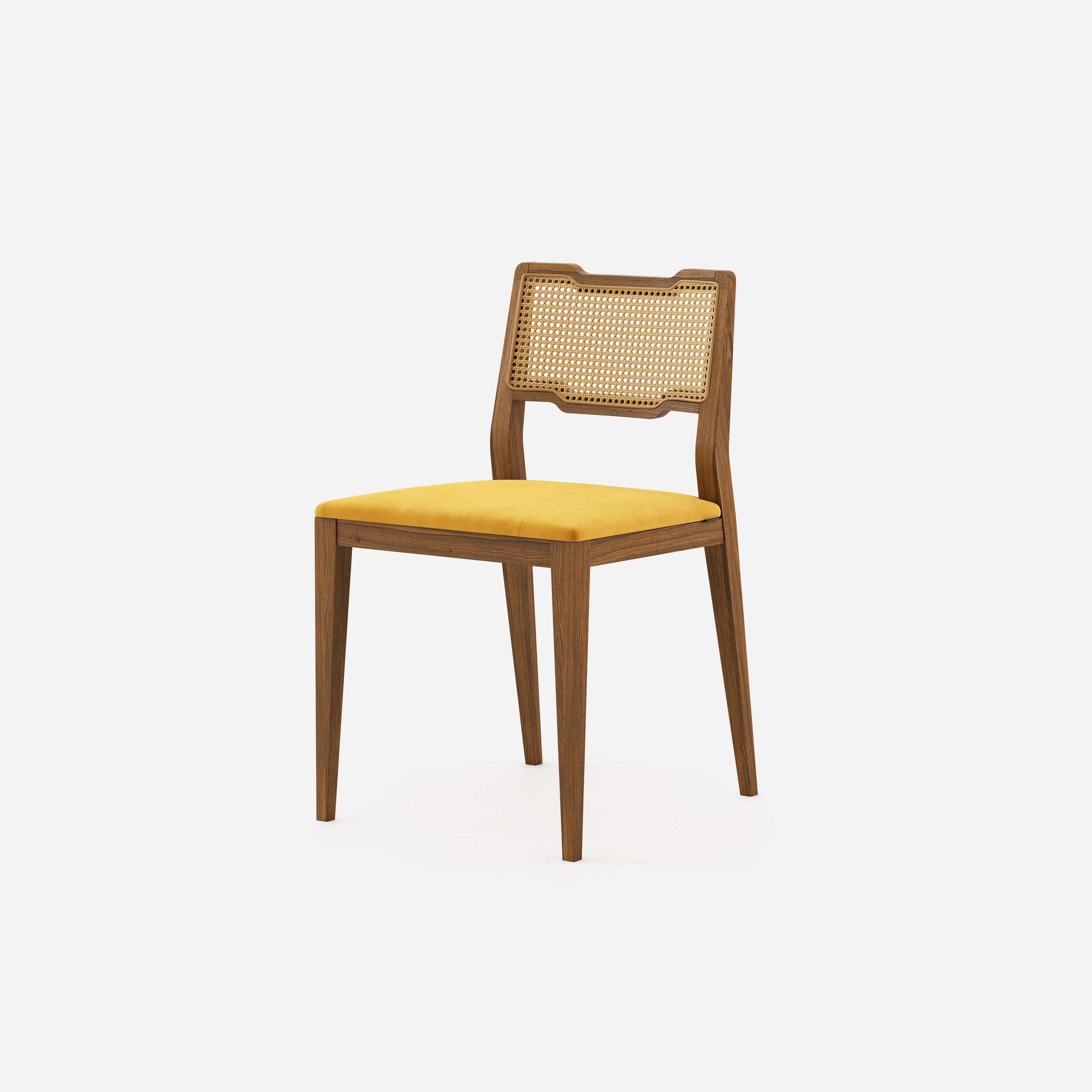 European Contemporary Dining Chairs Crafted of Matte Walnut and Woven Cane Work For Sale