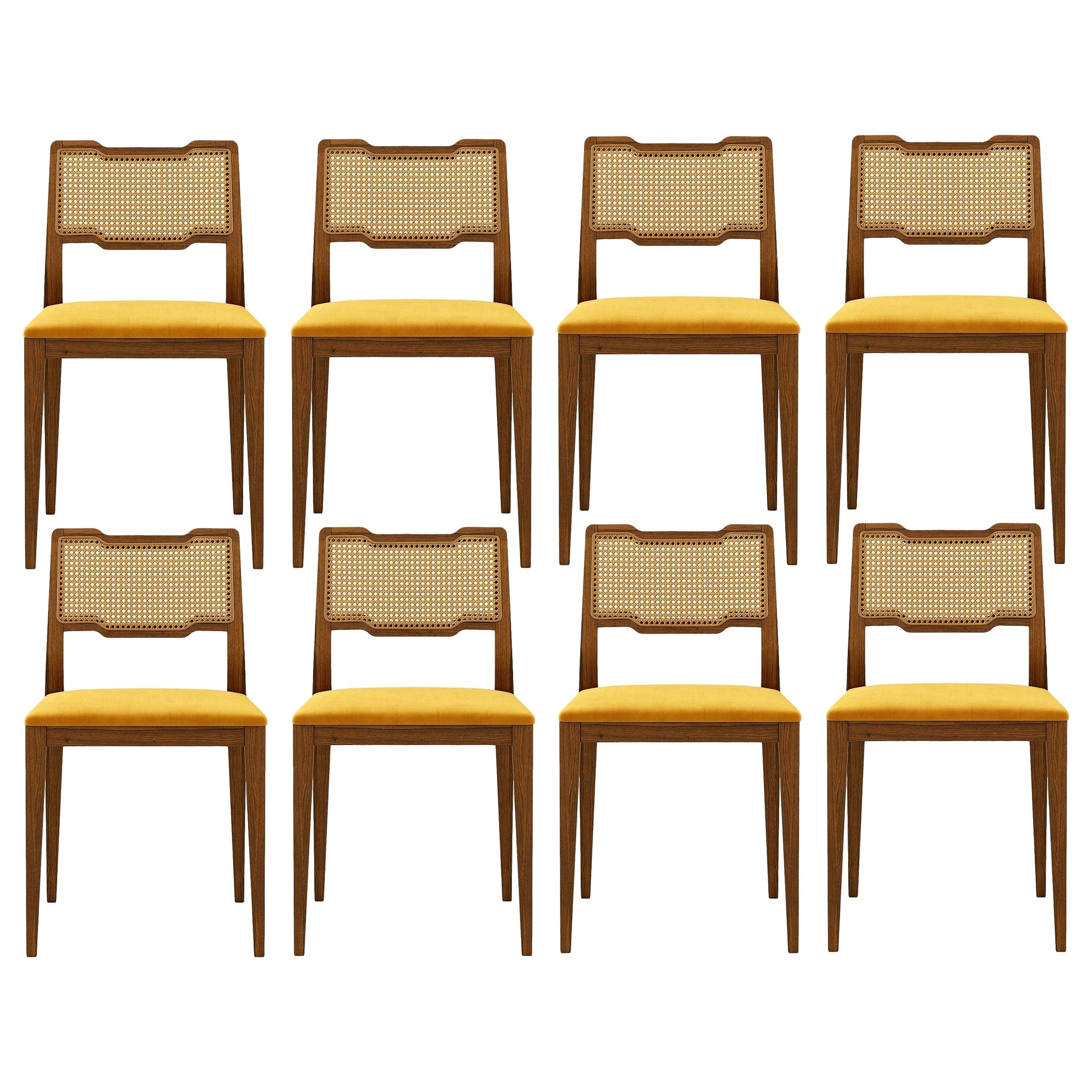 Contemporary Dining Chairs Crafted of Matte Walnut and Woven Cane Work For Sale