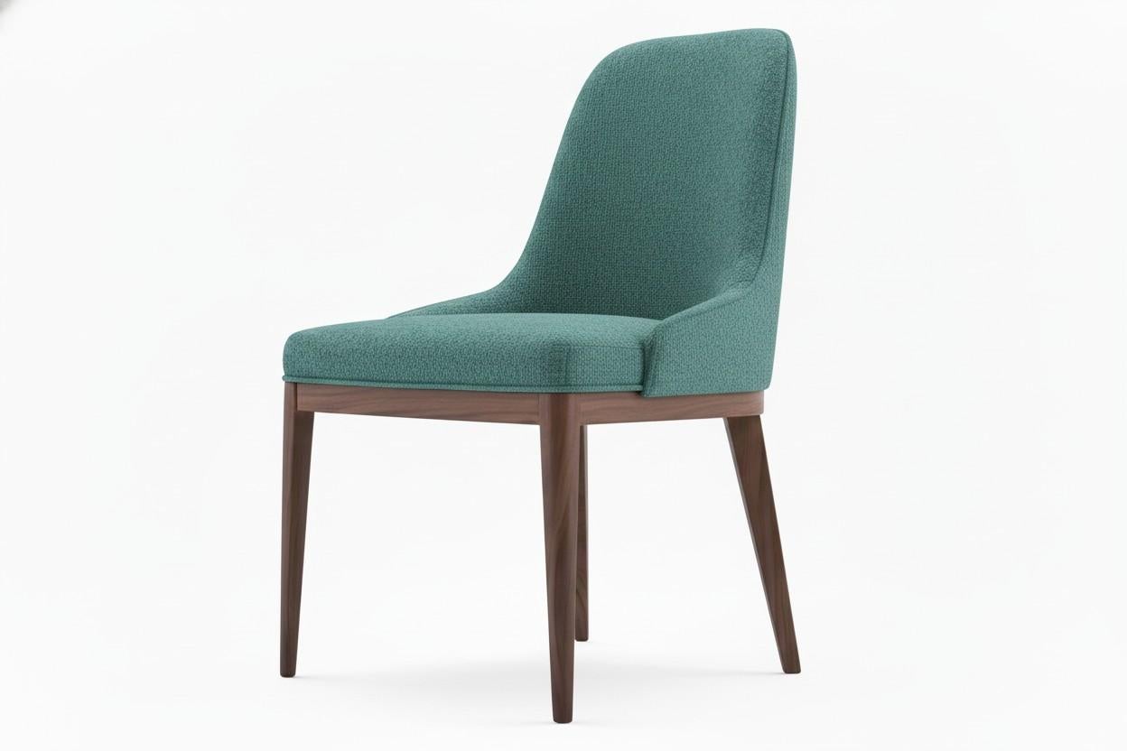 Dieser luxuriöse Esszimmerstuhl ist eine Übung in struktureller Harmonie und sinnlicher Taktilität und definiert den zeitgenössischen Minimalismus neu. Die anmutig geschwungene Rückenlehne und die vollständig gepolsterte Silhouette bieten sowohl