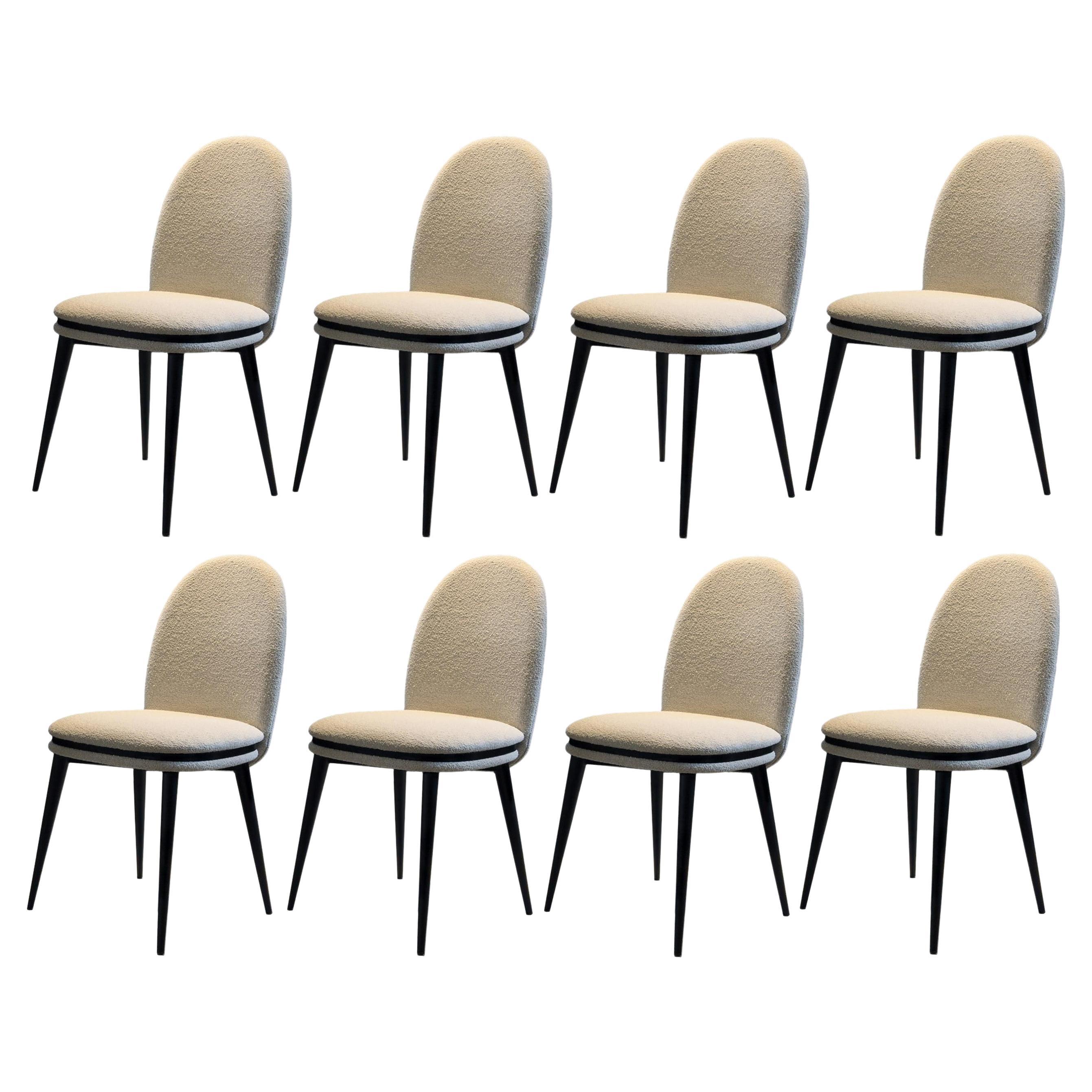 Italian Made Dining Chairs Offered in Bouclé, Set of 8 For Sale