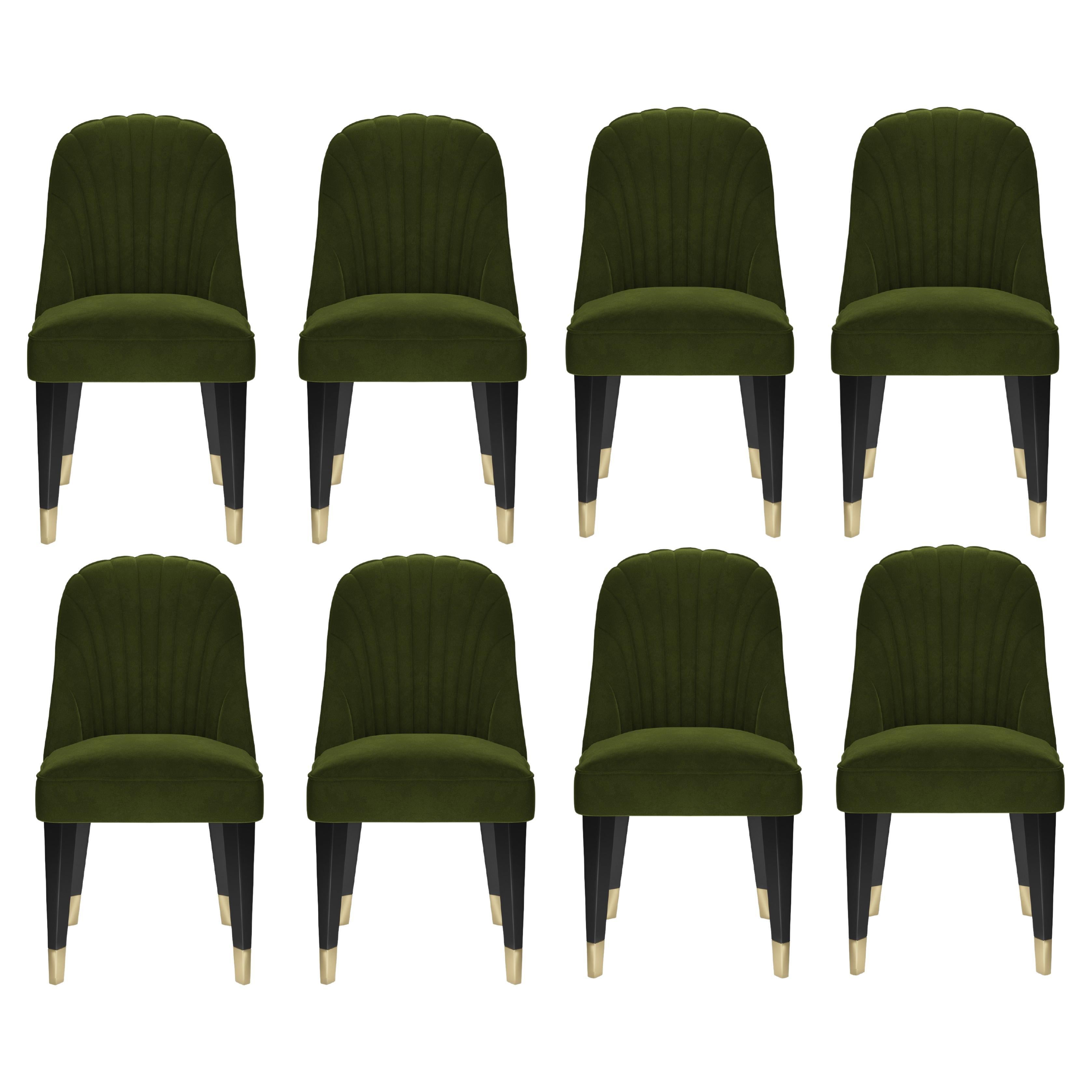 Green Velvet Upholstered 8 Dining Chairs with Gold Color Meta Detail For Sale