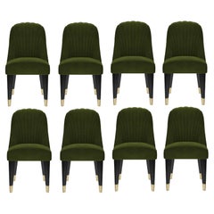 Green Velvet Upholstered 8 Dining Chairs with Gold Color Meta Detail