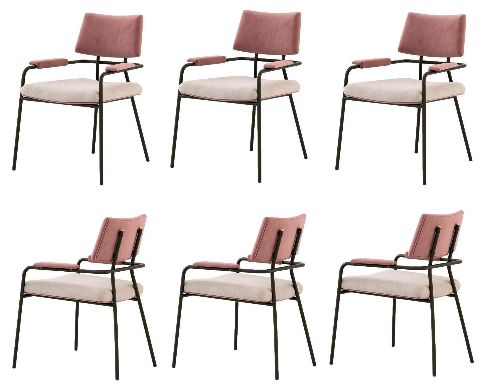 Fully upholstered dining chairs combining different materials and textures.
Measures: L 670 x D 650 x H 910 x SH 480 mm
L 26.78 x D 25.59 x H 35.83 x SH 18.90 in
Fabric structure: Cotton velvet salmon color (back and arms) and beige