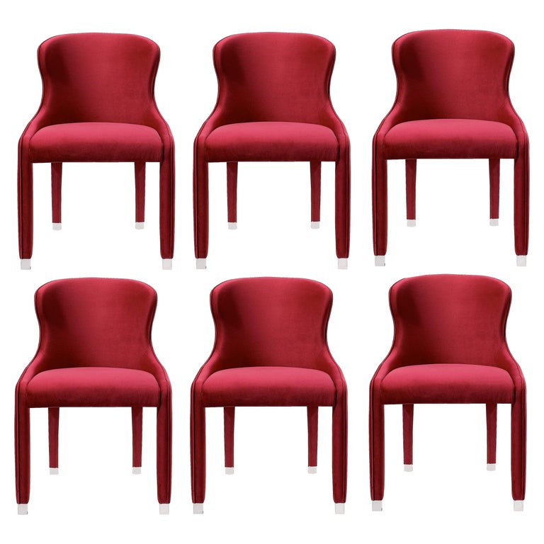Contemporary Dining Chairs Set of 6, Deep Red Velvet For Sale at 1stDibs