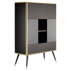 Contemporary Tall Sideaboard black Lacquered, two Storage Units Crossed Leather