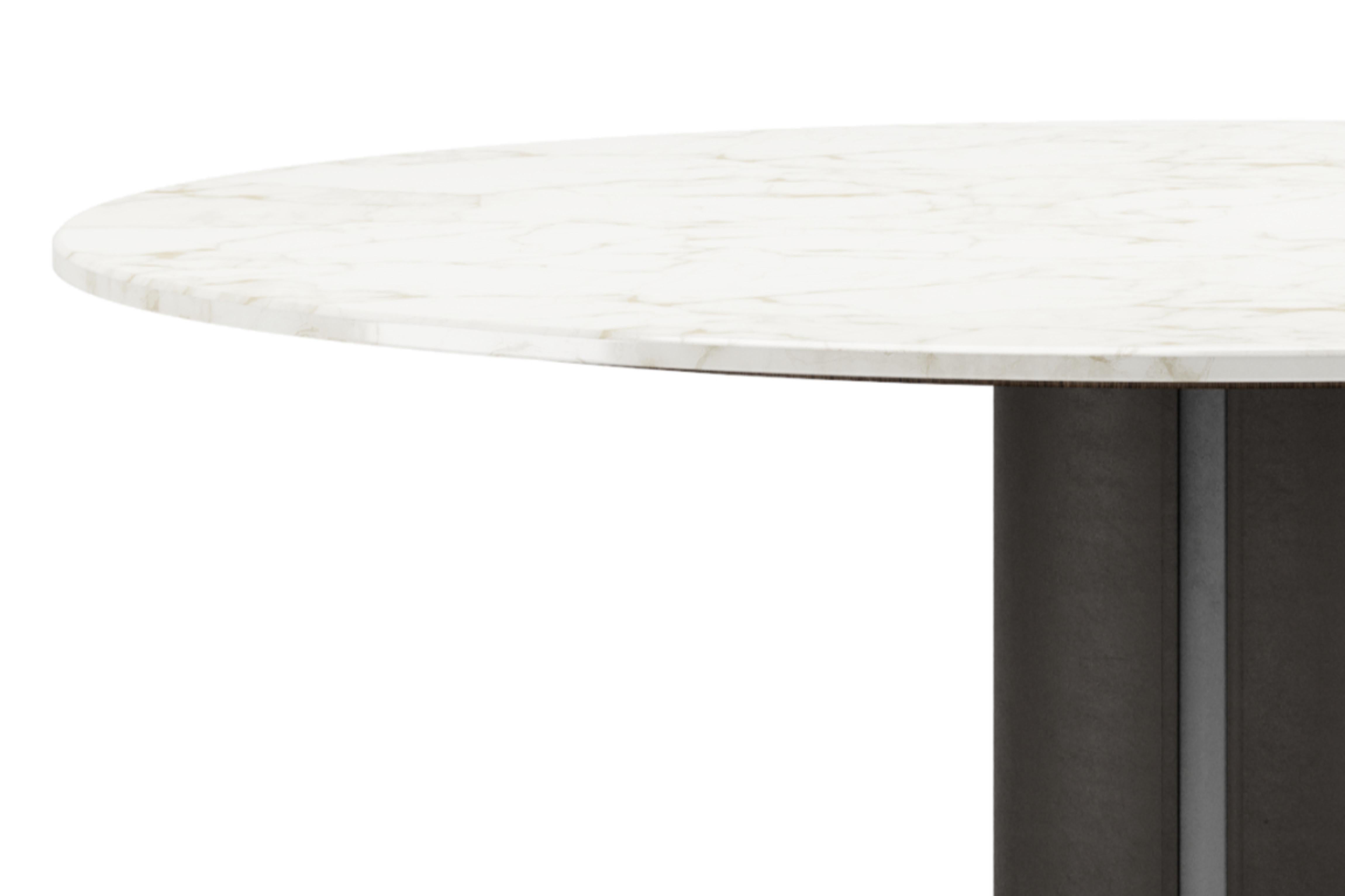 Modern Contemporary Dining Table Leather Leg Marble Top Metal Base For Sale