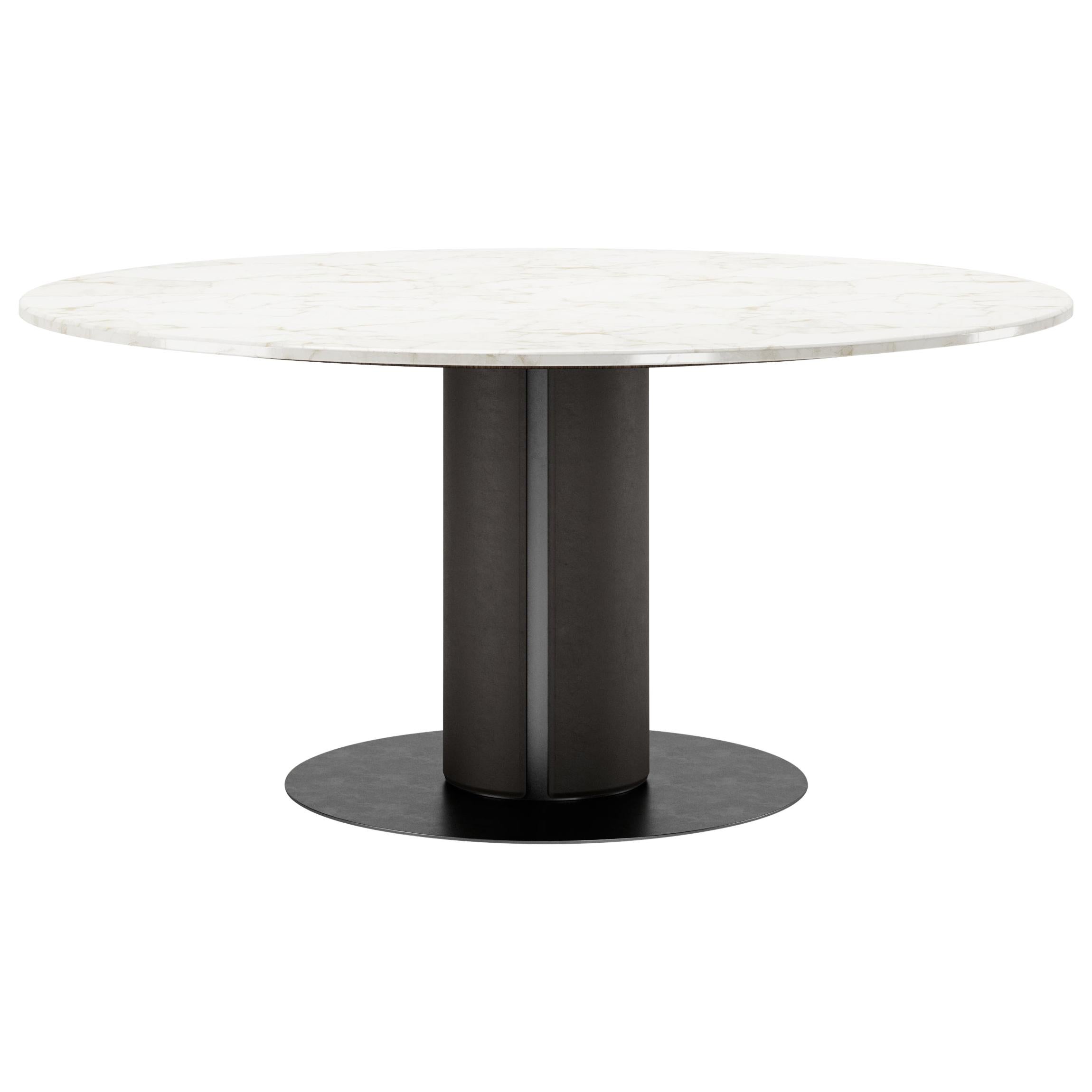 Contemporary Dining Table Leather Leg Marble Top Metal Base For Sale