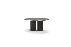 Contemporary Dining Table Crossed Leather Legs Metal Trim and Marble Top