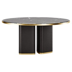 Contemporary Dining Table Crossed Leather Legs Metal Trim and Marble Top
