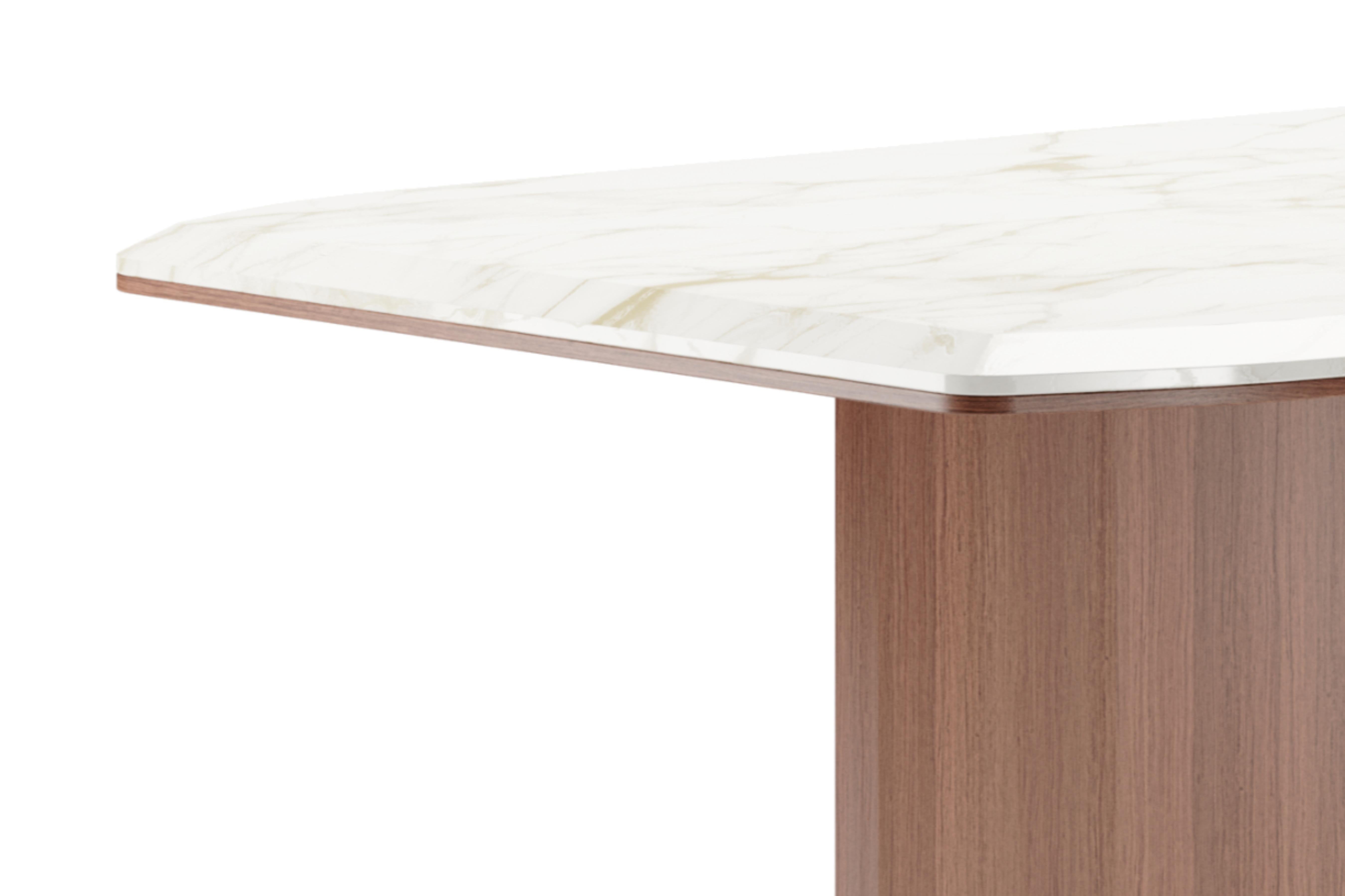 Modern Contemporary Dining Table in Wallnut Veneere Marble Top and Metal Handles For Sale