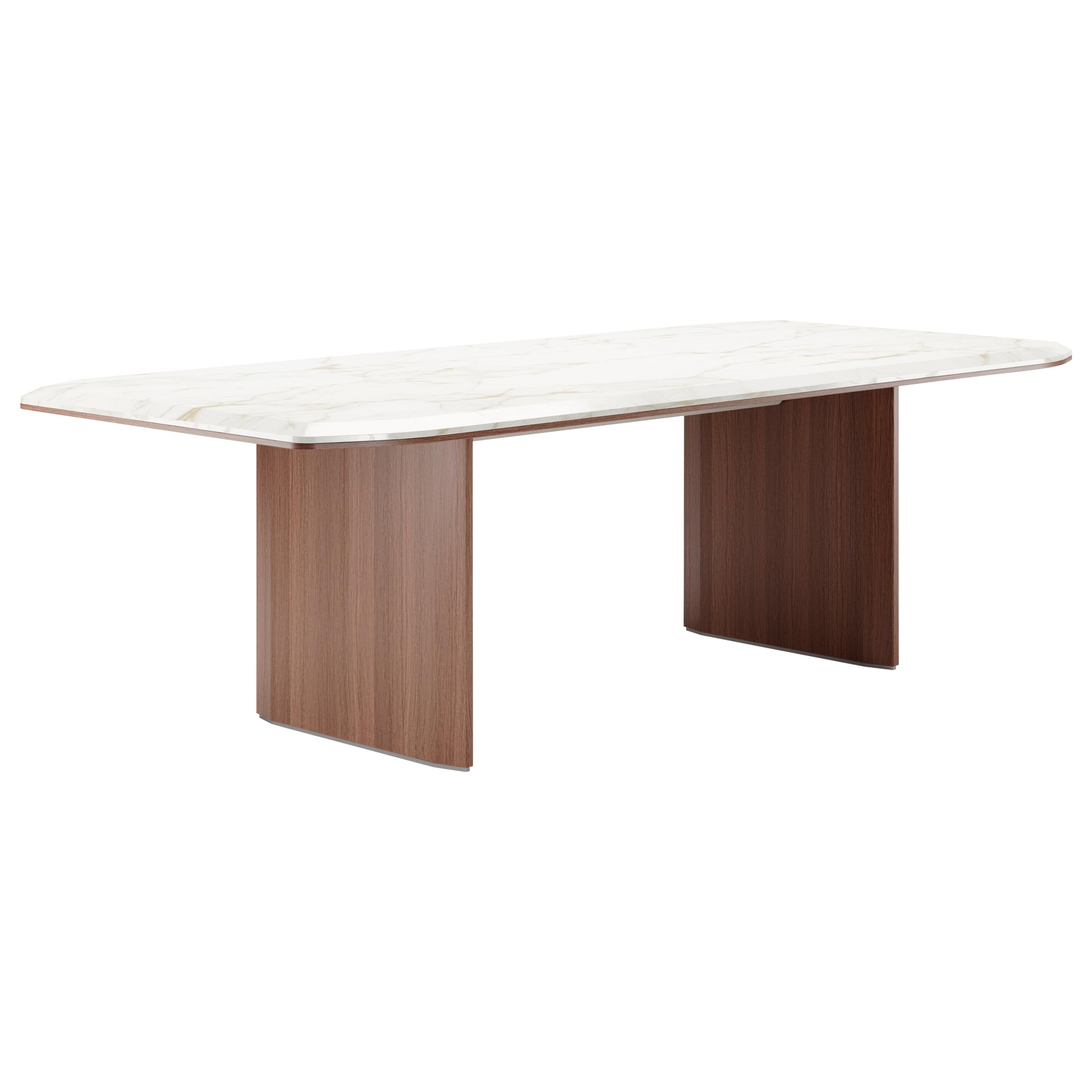 Contemporary Dining Table in Wallnut Veneere Marble Top and Metal Handles For Sale