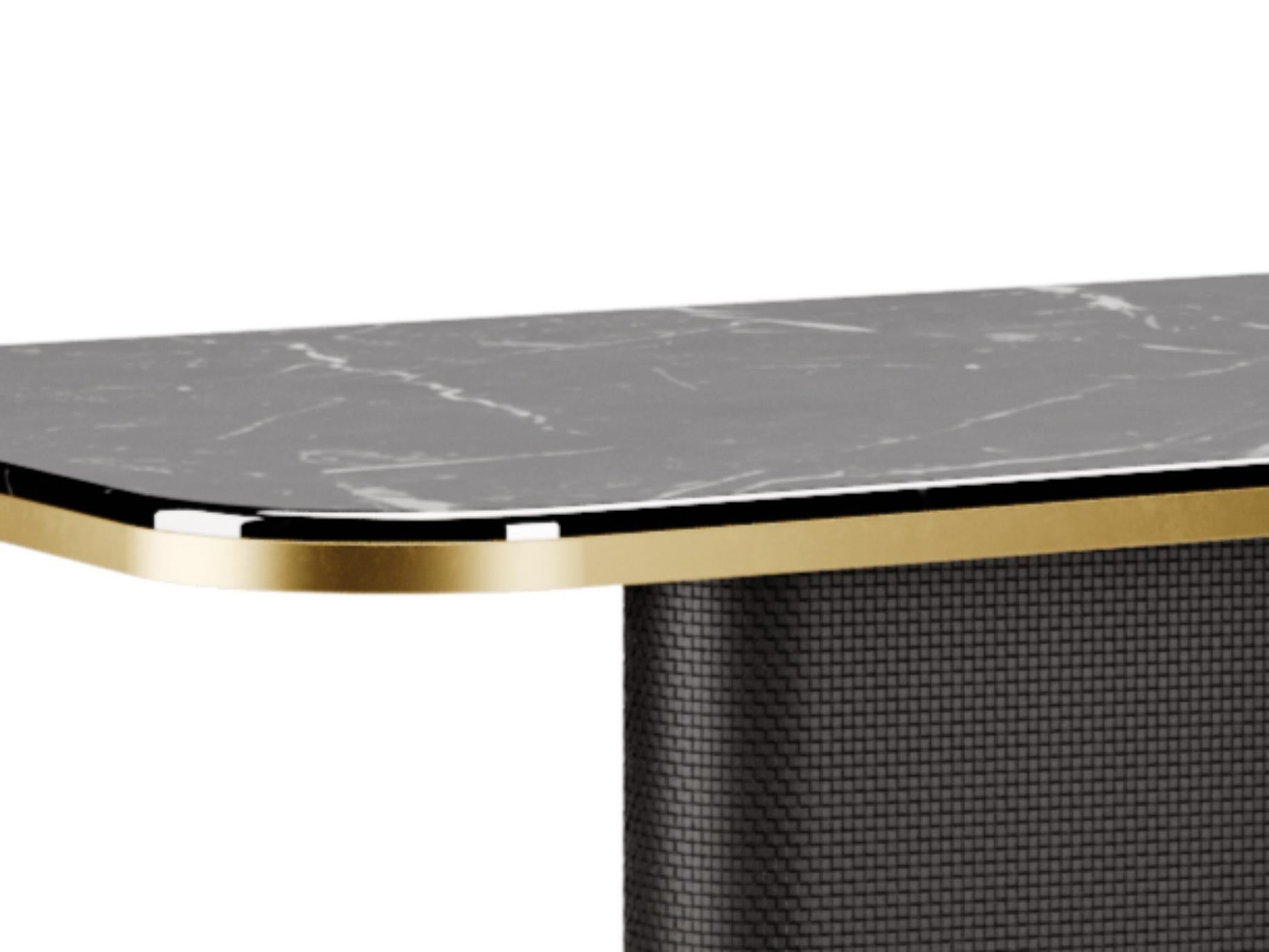 Italian Contemporary Dining Table in Marble and Crossed Leather Details For Sale