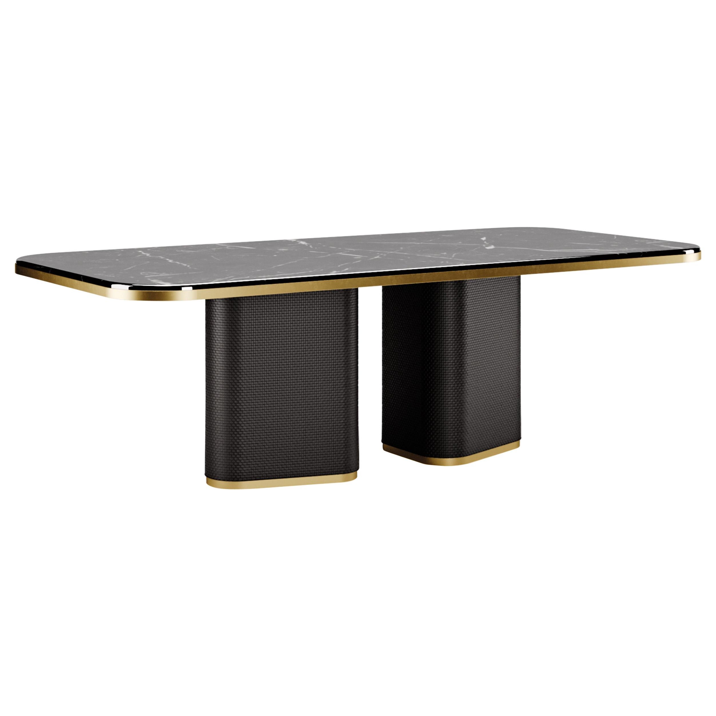 Contemporary Dining Table in Marble and Crossed Leather Details For Sale