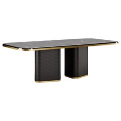 Contemporary Dining Table in Marble and Crossed Leather Details