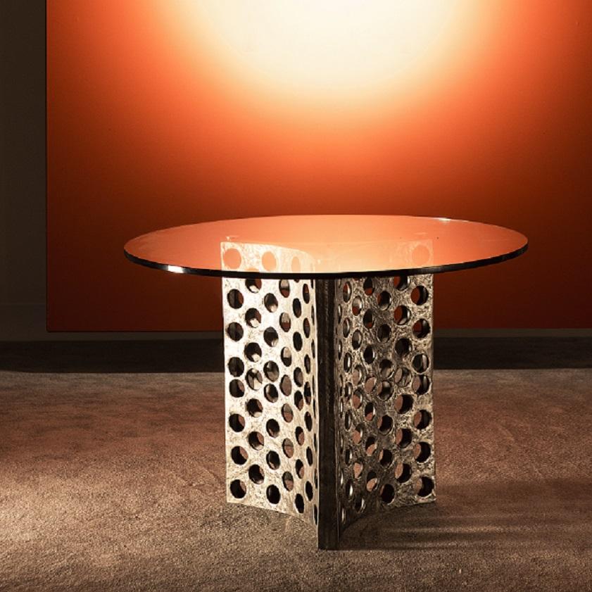 Contemporary Dining Table Featuring A Cast Aluminum Base With Glass Surface For Sale 1