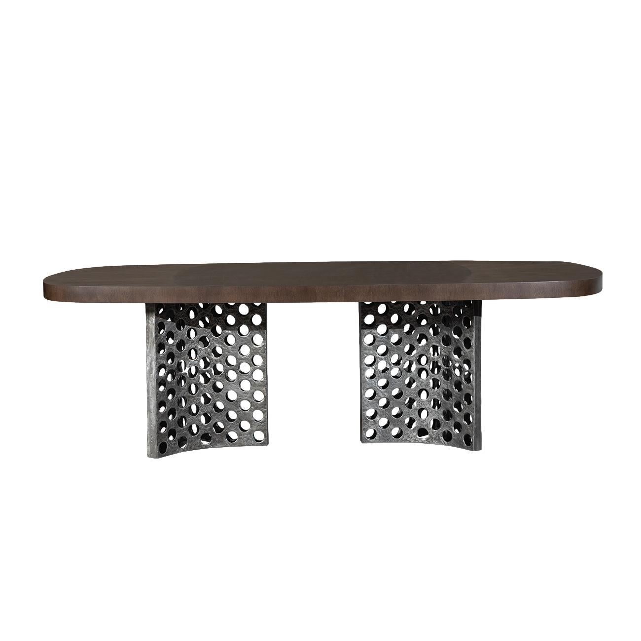 Hollywood Regency Contemporary Dining Table Featuring A Cast Aluminum Base With Wood Surface For Sale