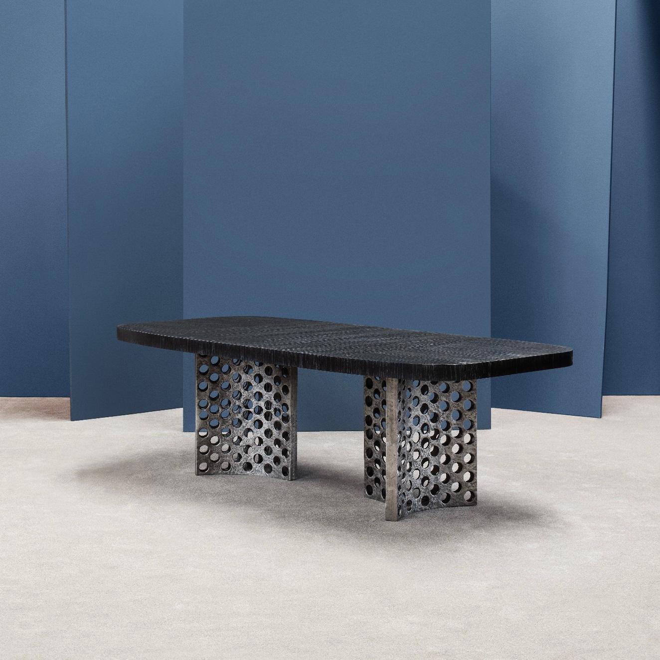 Contemporary Dining Table Featuring A Cast Aluminum Base With Wood Surface For Sale 1