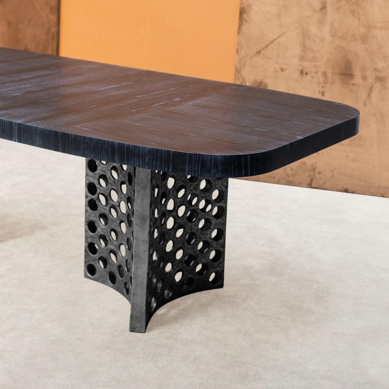 Contemporary Dining Table Featuring A Cast Aluminum Base With Wood Surface For Sale 2