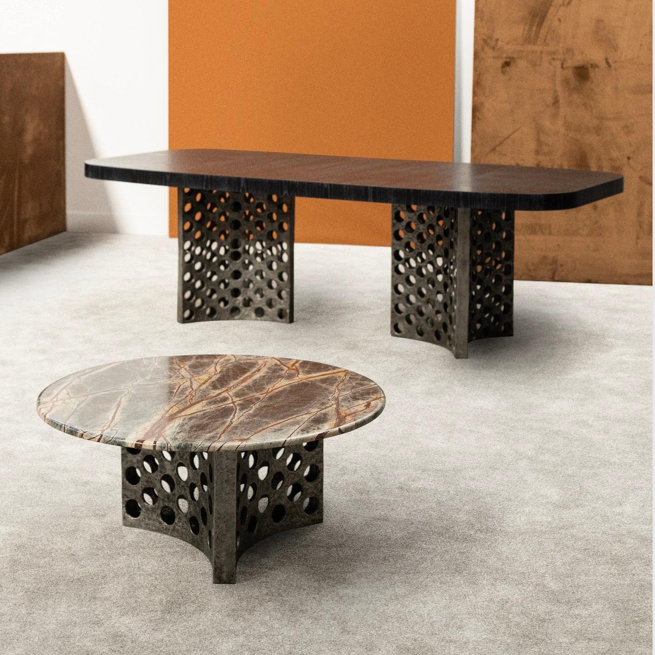 Contemporary Dining Table Featuring A Cast Aluminum Base With Wood Surface For Sale 3