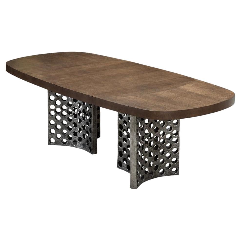 Contemporary Dining Table Featuring A Cast Aluminum Base With Wood Surface