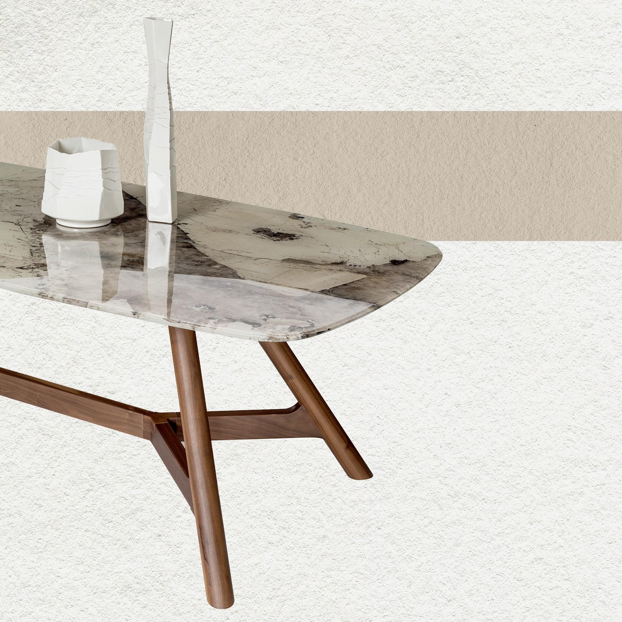 Contemporary Dining Table Featuring a Rectangular Marble Top with Curved Corners For Sale 2