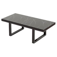 Custom Rectangular Dining Table with Polished Marble Top, Wood and Metal Base