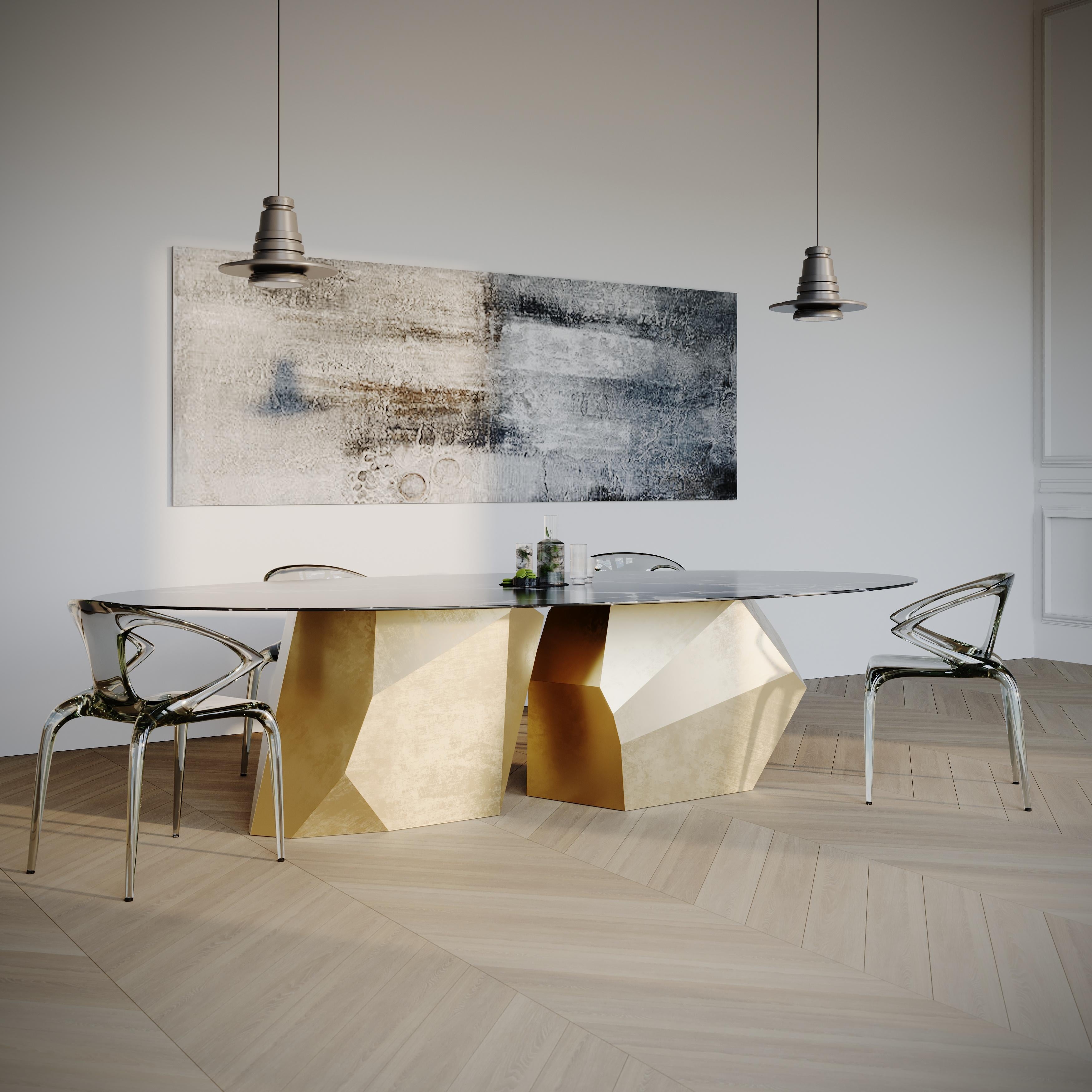 Kronos is the latest modern dining table design within the Solo collection from acclaimed British designer Christopher Duffy. Beautiful contrasting materials of Emperador Italian marble and highly polished metal combine to form a modern statement