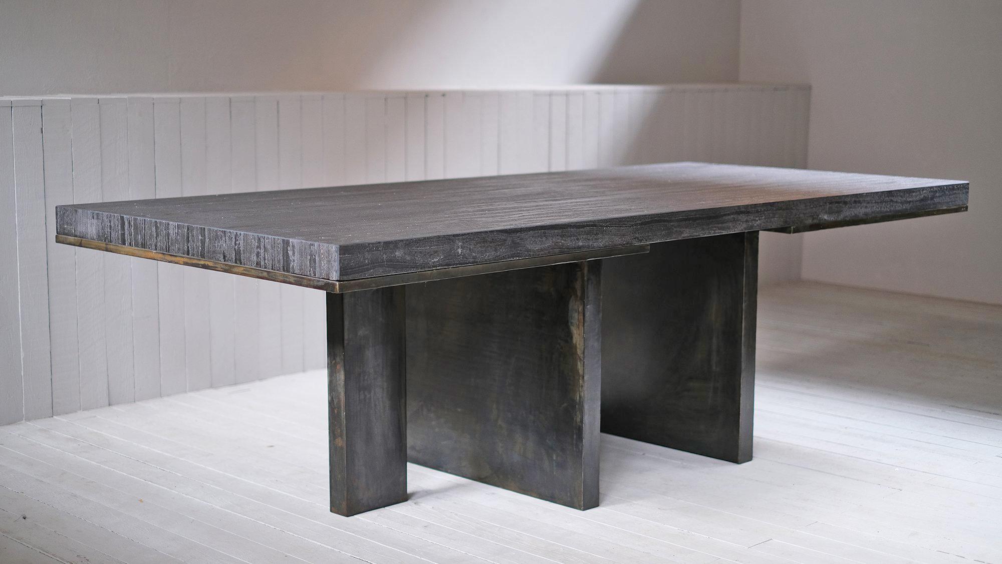 Contemporary dining table in marble & steel by Arno Declercq
Limited edition of 8

Dimensions: 
250 x 110h 75 cm
Measres: 98” x 43.3” x H 29.5”
Material: Patinated and raw steel combined with acid treated japanese black marble

Made by hand,