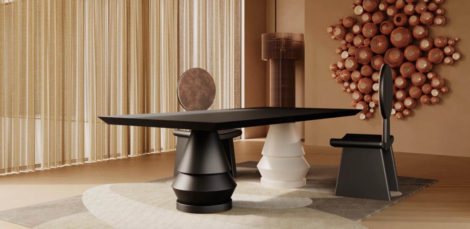 Moderne Table de salle à manger moderne Pieds géométriques Bois noir mat et laque mate Beje en vente