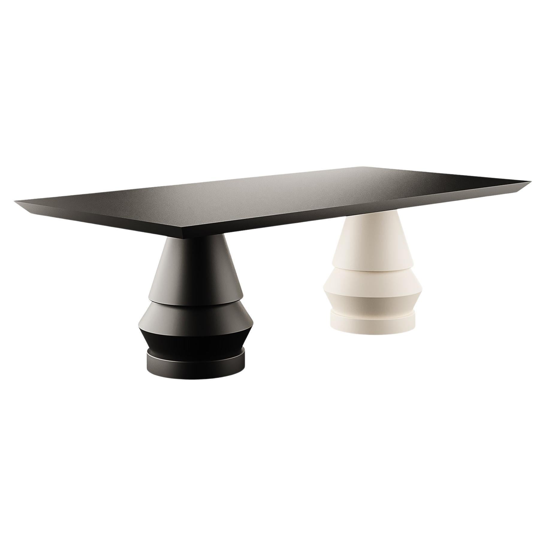 Modern Dining Table Geometric Legs Wood Black Matte and Beje Matte Lacquer