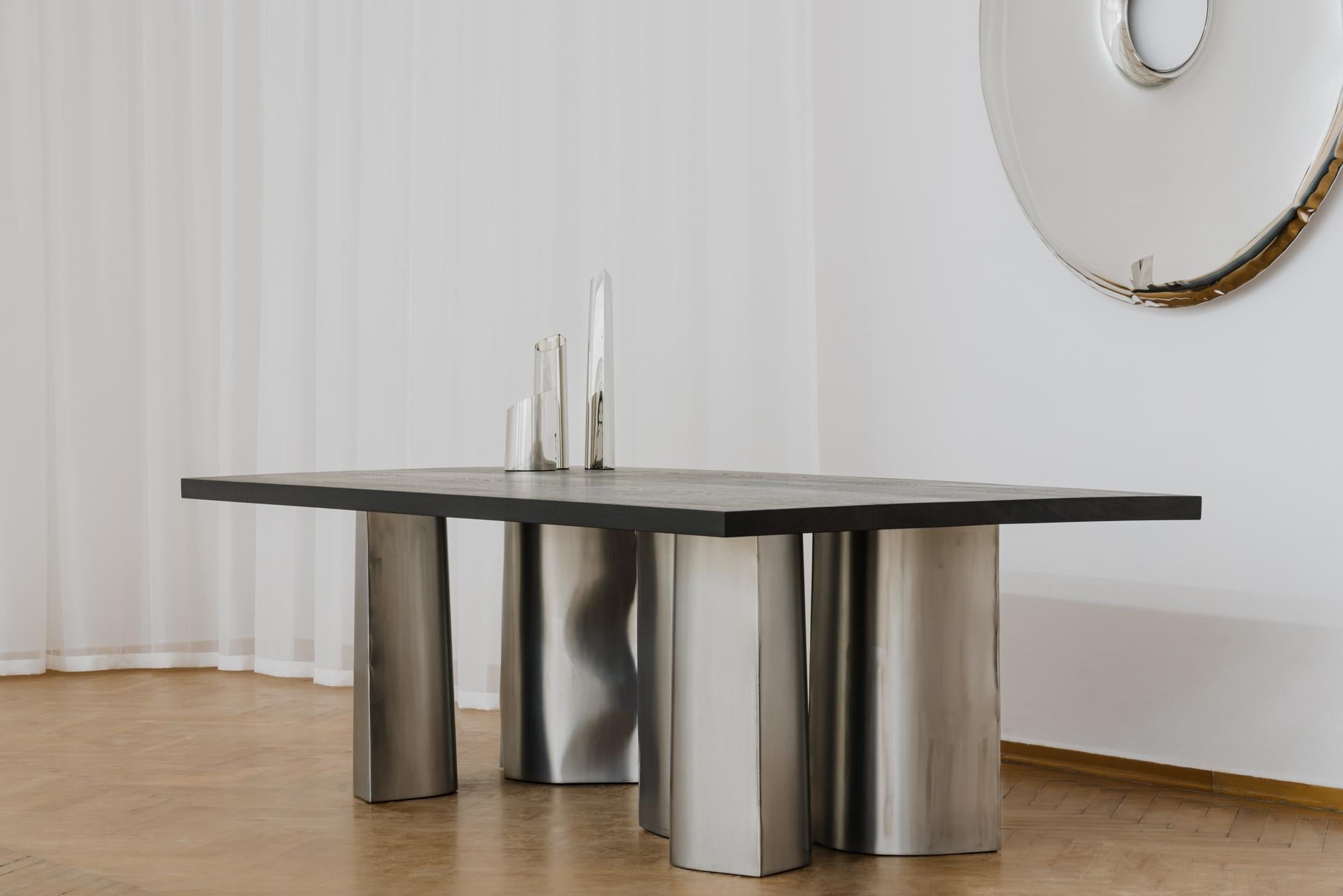 Polish Contemporary Dining Table 'Parova' by Zieta, Stainless Steel & Dark Oak For Sale