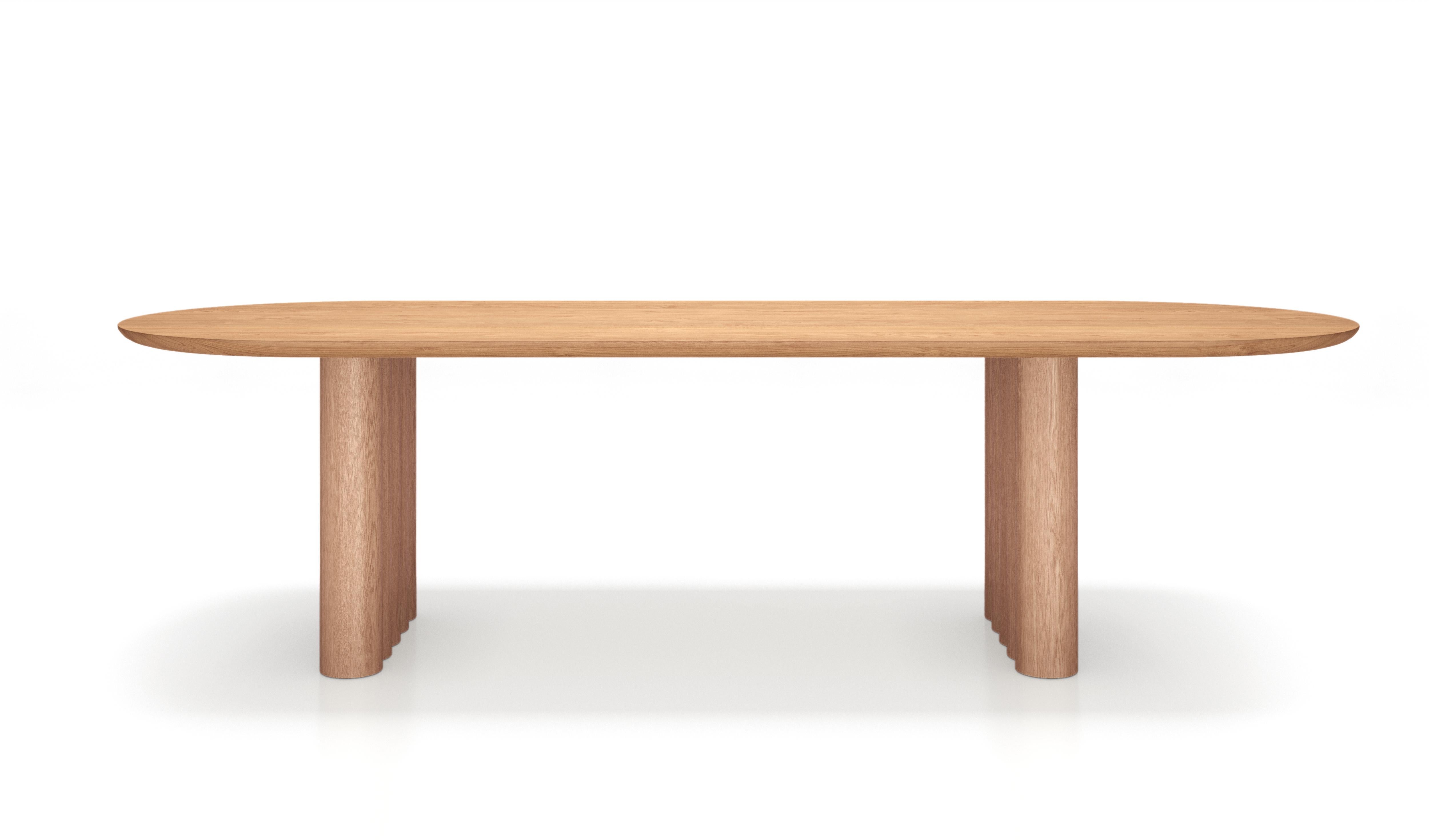 PLUSH dining table, oval, 370 cm.
Solid wood table top and legs. Handmade in Denmark. 
Signed by Jacob Plejdrup for DK3

Table's height: 72 or 74 cm
Table top’s thickness: 40mm
Legs width: 150mm

Table top dimensions:
– 200 x 100 cm
– 240 x 100 cm
–