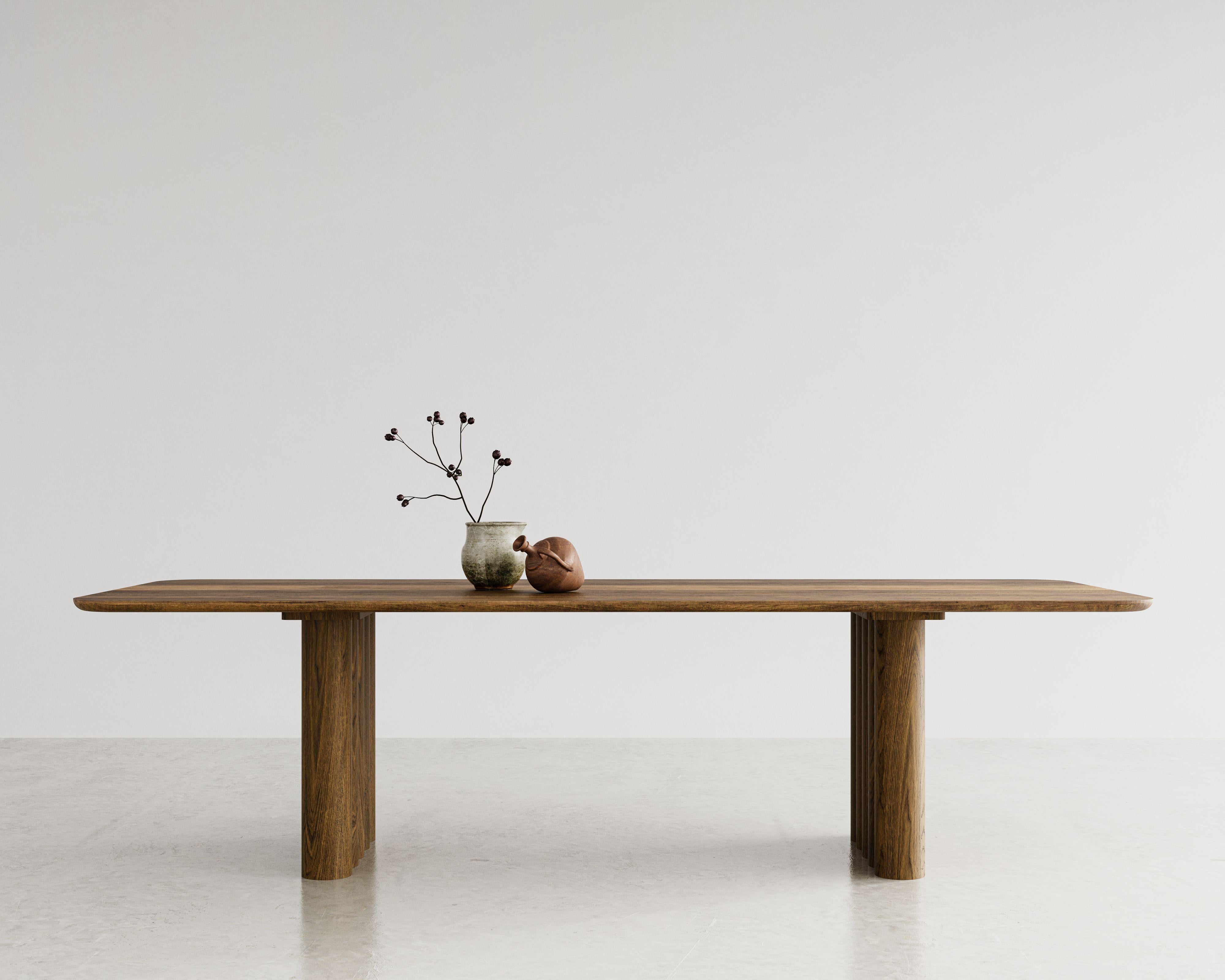 PLUSH dining table, rectangular, 240 cm.
Solid wood table top and legs. Handmade in Denmark. 
Signed by Jacob Plejdrup for DK3

Table's height: 72 or 74 cm
Sold model: 
Smoked Oak
Legs Thickness: 130 mm
Table top Thickness: 30 mm

Table top’s