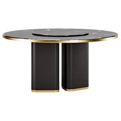 Contemporary Dining Table Lazy Susan, Crossed Leather and Marble