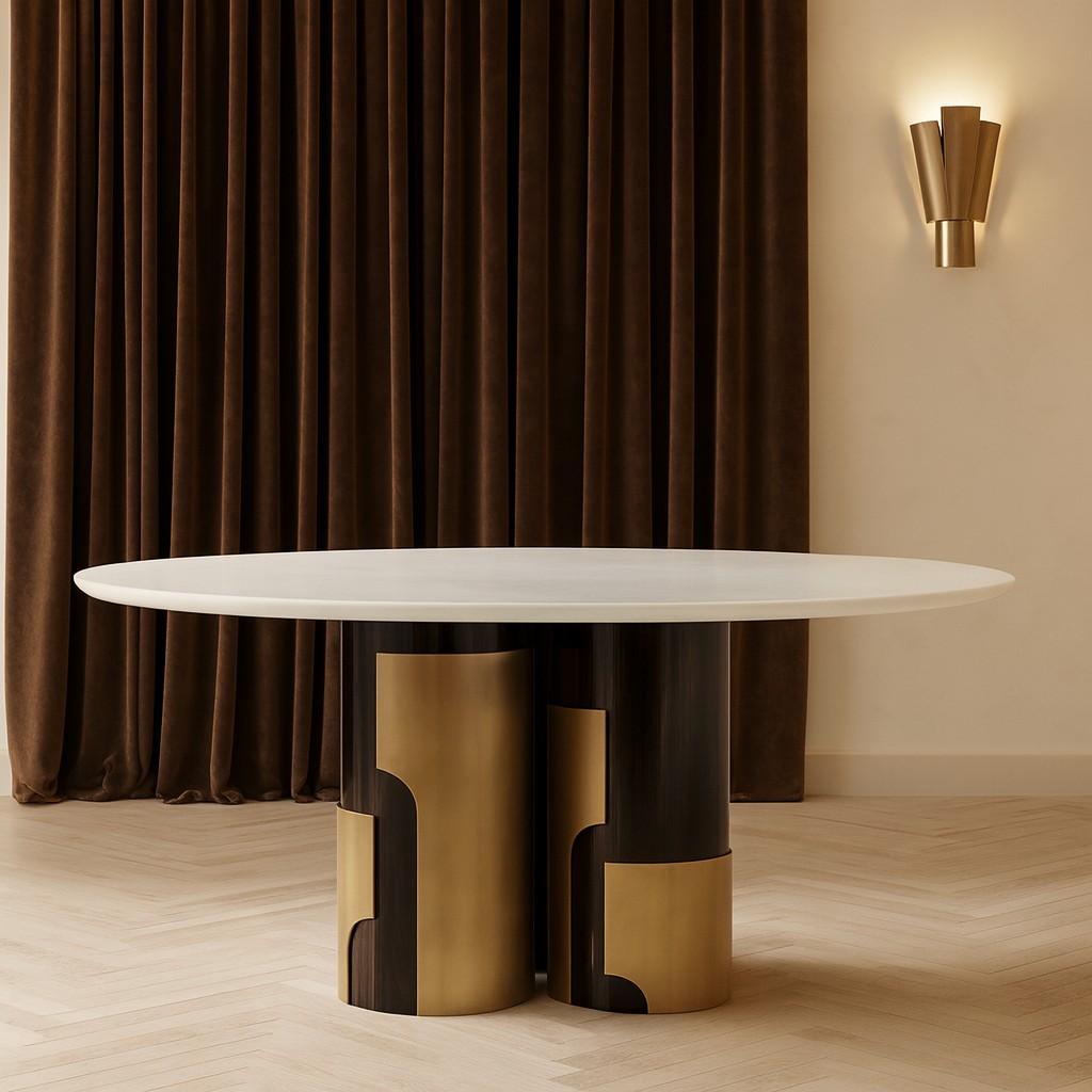 Cette table de salle à manger saisissante est un mélange magistral de pierre naturelle, de bois riche et d'accents métalliques. Il est doté d'un luxueux plateau en marbre qui offre une surface fraîche et élégante. La structure substantielle de la