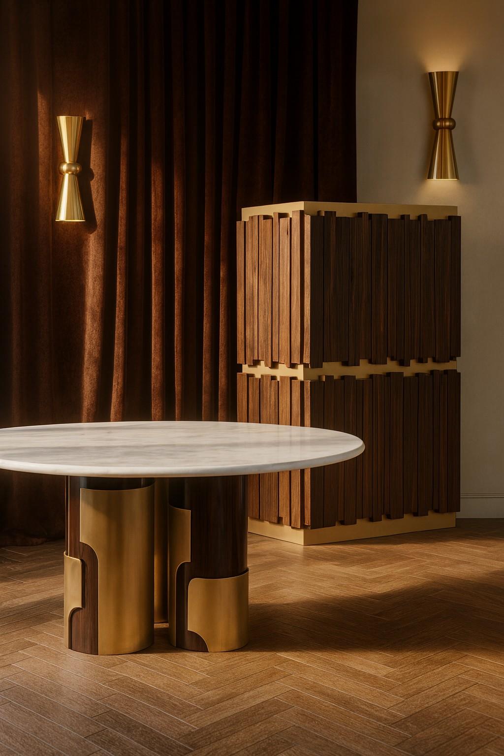 Moderne Table de salle à manger contemporaine avec plateau en marbre, cadre en Wood Wood Ebony et accents en laiton en vente